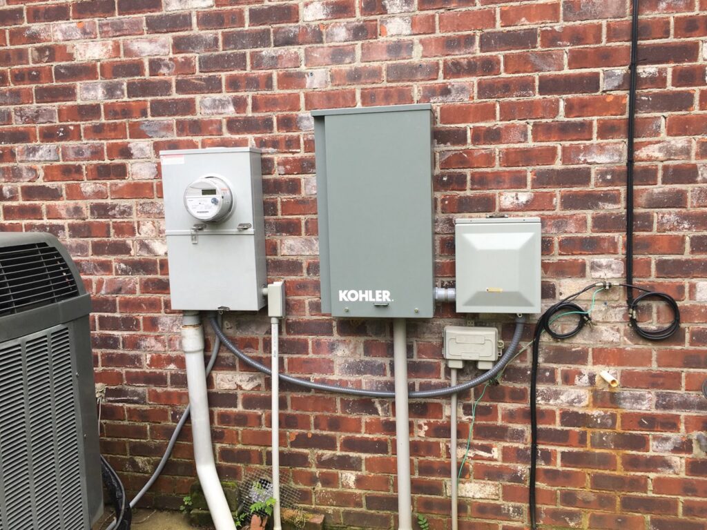 Outdoor electrical service panels and meter on a brick wall next to an AC unit, installed by Apex Electric LLC in Brea, CA.