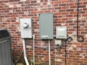 Outdoor electrical service panels and meter on a brick wall next to an AC unit, installed by Apex Electric LLC in Brea, CA.