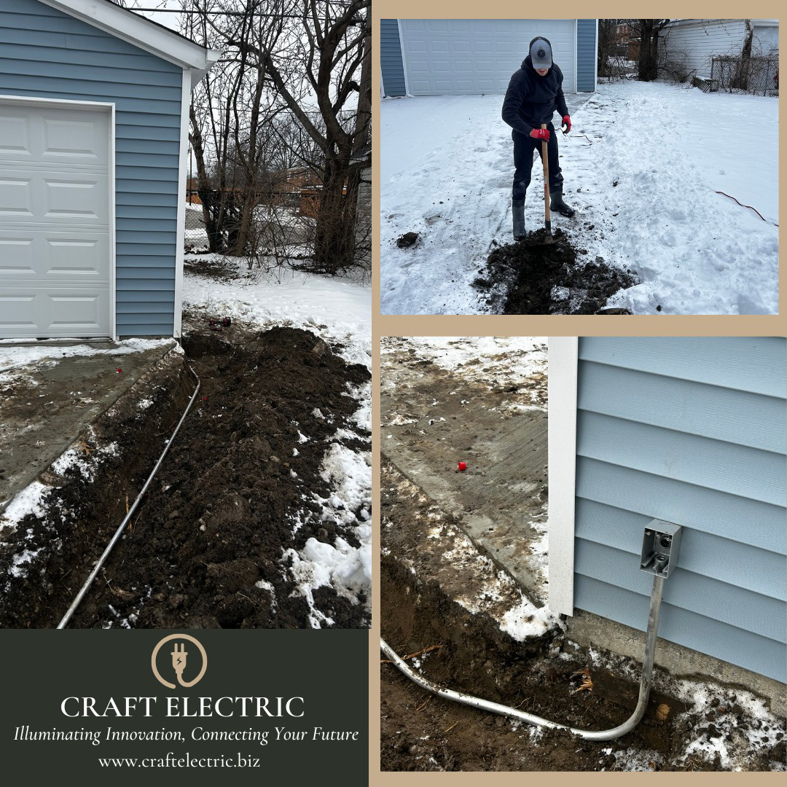 An outdoor electrical trenching and wiring installation leading to a house, performed by Craft Electric in Woodbridge, VA