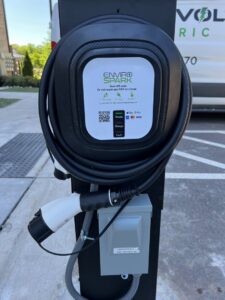 An outdoor Enviro Spark EV charging station installed by Green Volt Electric LLC in Durham, NC.