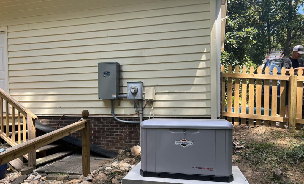 An outdoor Briggs & Stratton generator and electrical panel installed by Volt Doctors Raleigh, NC.