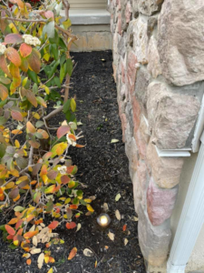 An outdoor ground lighting fixture installed next to a stone wall by K E Troutman Electrical Contractor in Newark, DE.