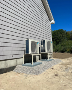 Two outdoor heat pump condenser units installed by CC Mechanical in Portland, ME.