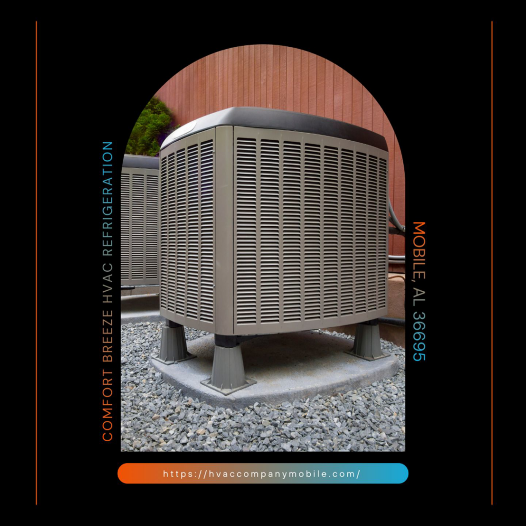 An outdoor HVAC condenser unit installed by Comfort Breeze HVAC Refrigeration in Mobile, AL.
