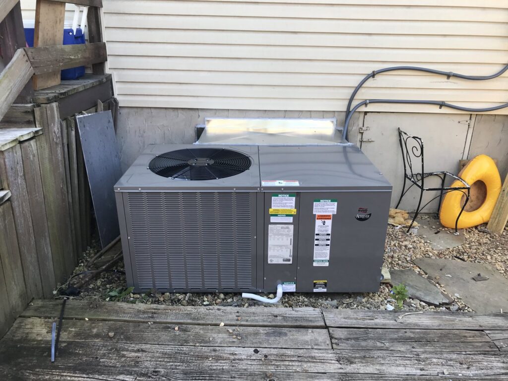 A newly installed outdoor HVAC condenser unit next to a residential building by Gouker's Best Air in Franklin, TN.