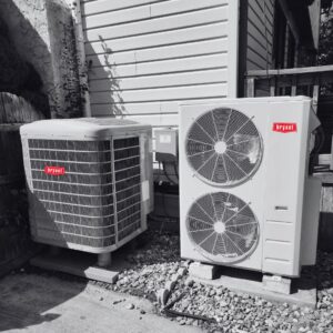 Two outdoor HVAC condenser units installed by Synergy3, an HVAC contractor in Philadelphia, PA.