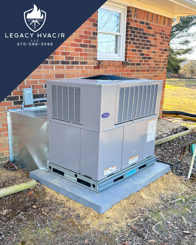 An outdoor Carrier HVAC package unit installed next to a brick house by Legacy Hvac/r in Libertyville, IL.