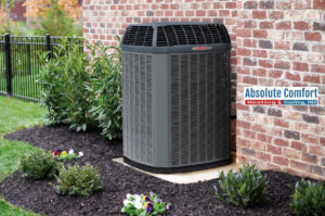An outdoor HVAC unit installed next to a brick home by Absolute Comfort Heating & Cooling, Inc. in Virginia Beach, VA.
