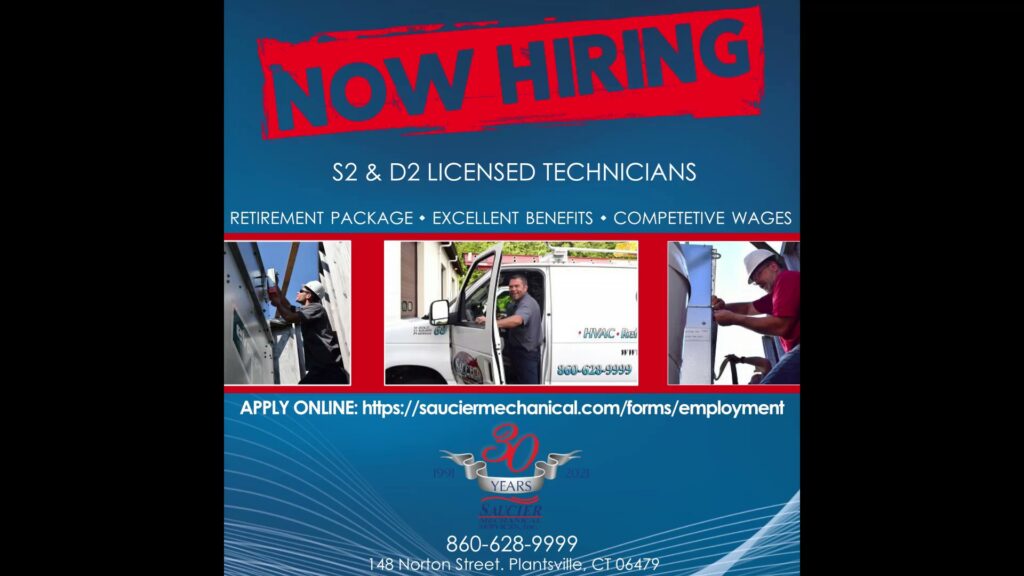 An outdoor HVAC unit, likely an AC condenser or heat pump, installed next to a brick home by Saucier Mechanical Services in Plantsville, CT.