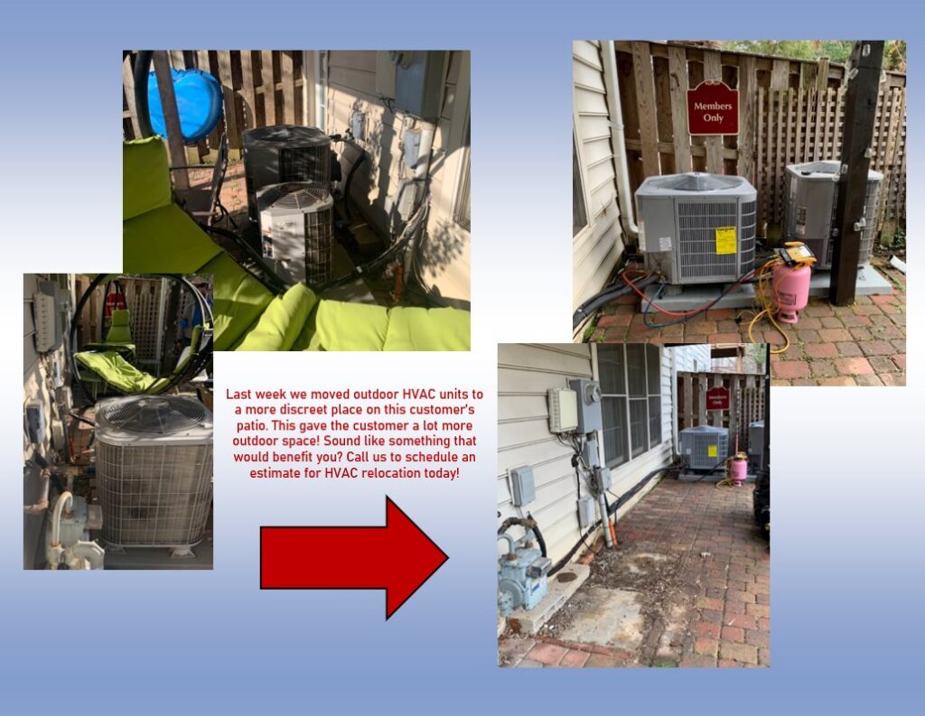 A collage showing outdoor HVAC units being relocated to a more discreet patio area by 495 HVAC in Annandale, VA.
