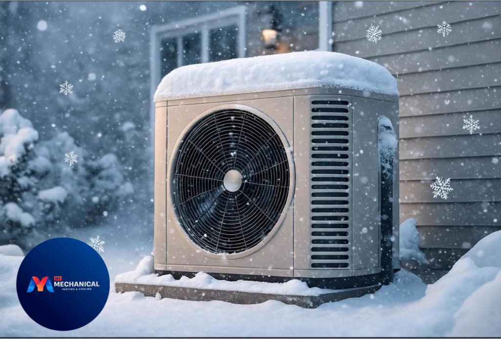 An outdoor HVAC unit covered in snow, representing heating and cooling services by My Mechanical Heating and Cooling in Lancaster, PA