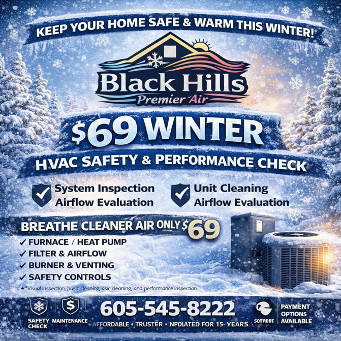 An outdoor HVAC unit covered in snow, representing a winter safety and performance check by Black Hills Premier Air in Box Elder, SD.