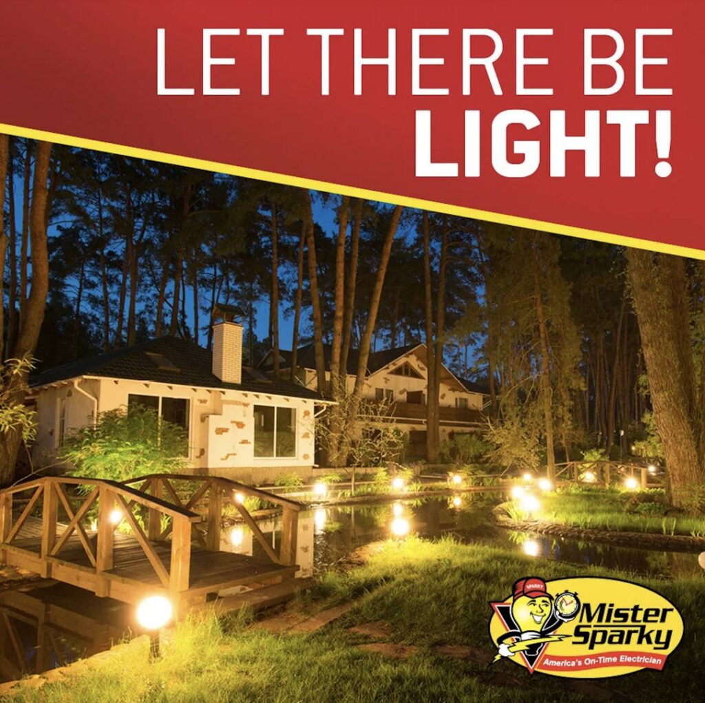 Beautiful outdoor landscape lighting installed around a house and pond by Mister Sparky of Columbia in West Columbia, SC.