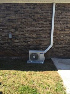 An outdoor mini-split condenser unit professionally installed against a brick wall by A&A HVAC and Electrical LLC in Nashville, TN.