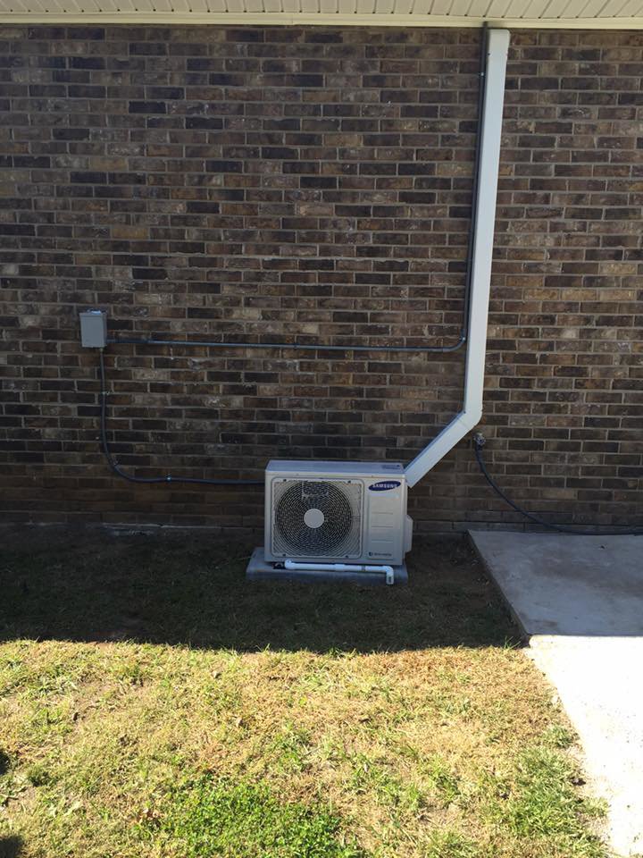 An outdoor mini-split condenser unit professionally installed against a brick wall by A&A HVAC and Electrical LLC in Nashville, TN.