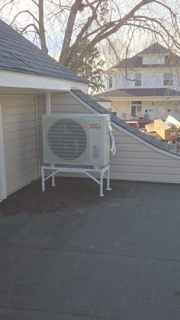 An outdoor mini-split heat pump unit installation by Strategic Heating and Cooling in South Boston, VA.