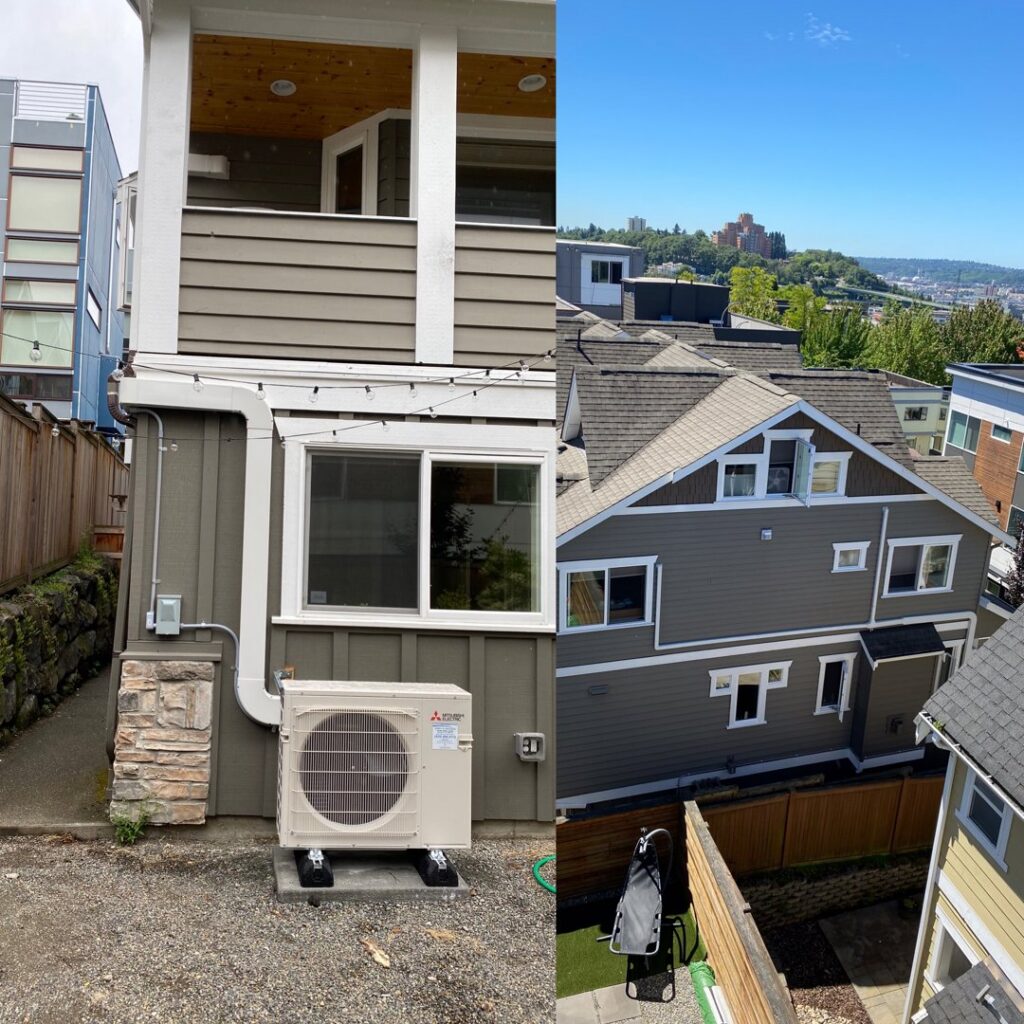 An outdoor mini-split condenser unit installed by Energy Technologies in Seattle, WA.