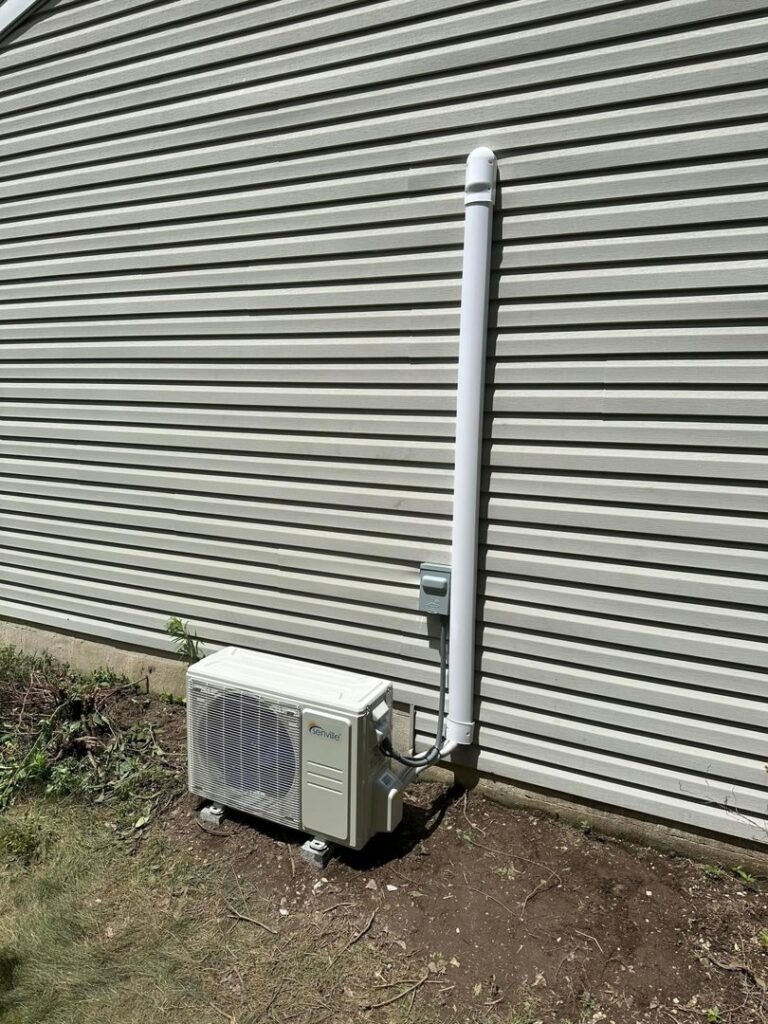 An outdoor mini-split unit installed next to a house by P3 Mechanical Heating & Cooling in Bainbridge, PA.