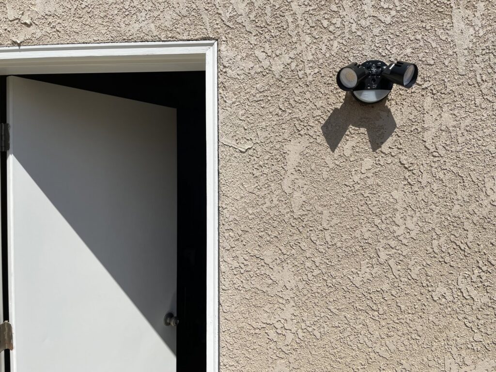 An outdoor motion sensor light fixture installed next to a door by Electrical Power Source in Fresno, CA.