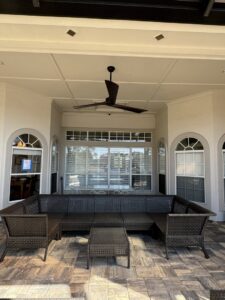 A large ceiling fan installed on an outdoor patio by Crawford Electric Services, LLC in Kings Mountain, NC.