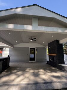 Outdoor patio with recessed lighting and a ceiling fan installed by Ramos Electrical services inc in Brownsville, TX