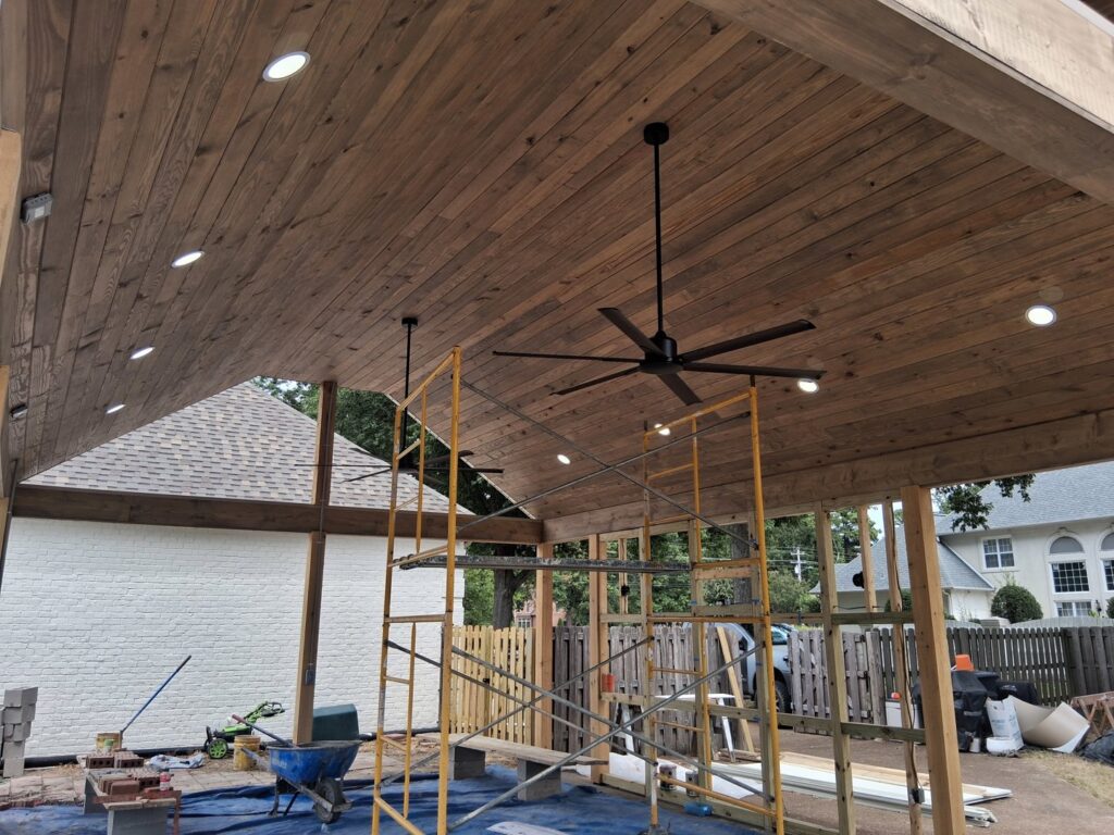 Outdoor patio with newly installed recessed lights and ceiling fans by Elite Electrical TN in Jackson, TN.