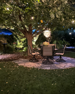 Outdoor patio with string lights and landscape lighting installed by Electric Avenue in Lincoln, NE.
