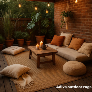 An outdoor patio with a brown woven rug, cushions, and plants, showcasing outdoor rugs from Adiva Rugs in Chicago, IL.