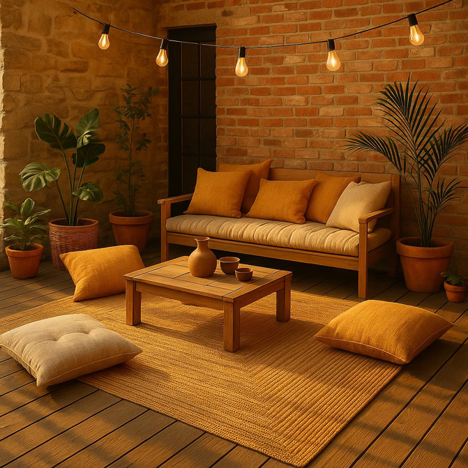 An inviting outdoor patio featuring a large woven rug and comfortable seating by Adiva Rugs in Chicago, IL.