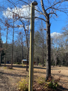 An outdoor pole light fixture installed in a wooded area by Pierce Electric, LLC in Fayetteville, NC