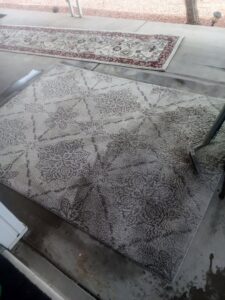 An outdoor area rug being professionally cleaned, showing a clear difference between dirty and clean sections by Carpets Dirty in Phoenix, AZ