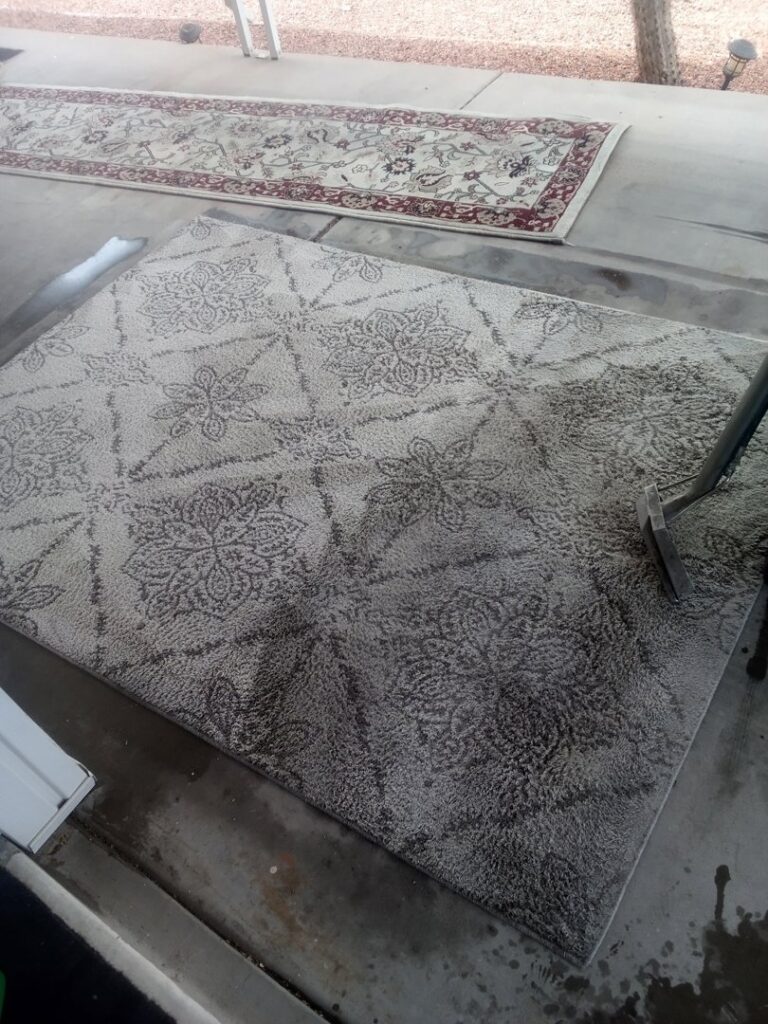An outdoor area rug being professionally cleaned, showing a clear difference between dirty and clean sections by Carpets Dirty in Phoenix, AZ