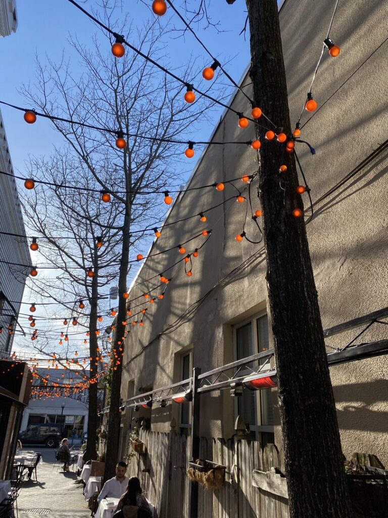 Decorative outdoor string lights illuminating a patio area, installed by New York Electrical Design in Freeport, NY