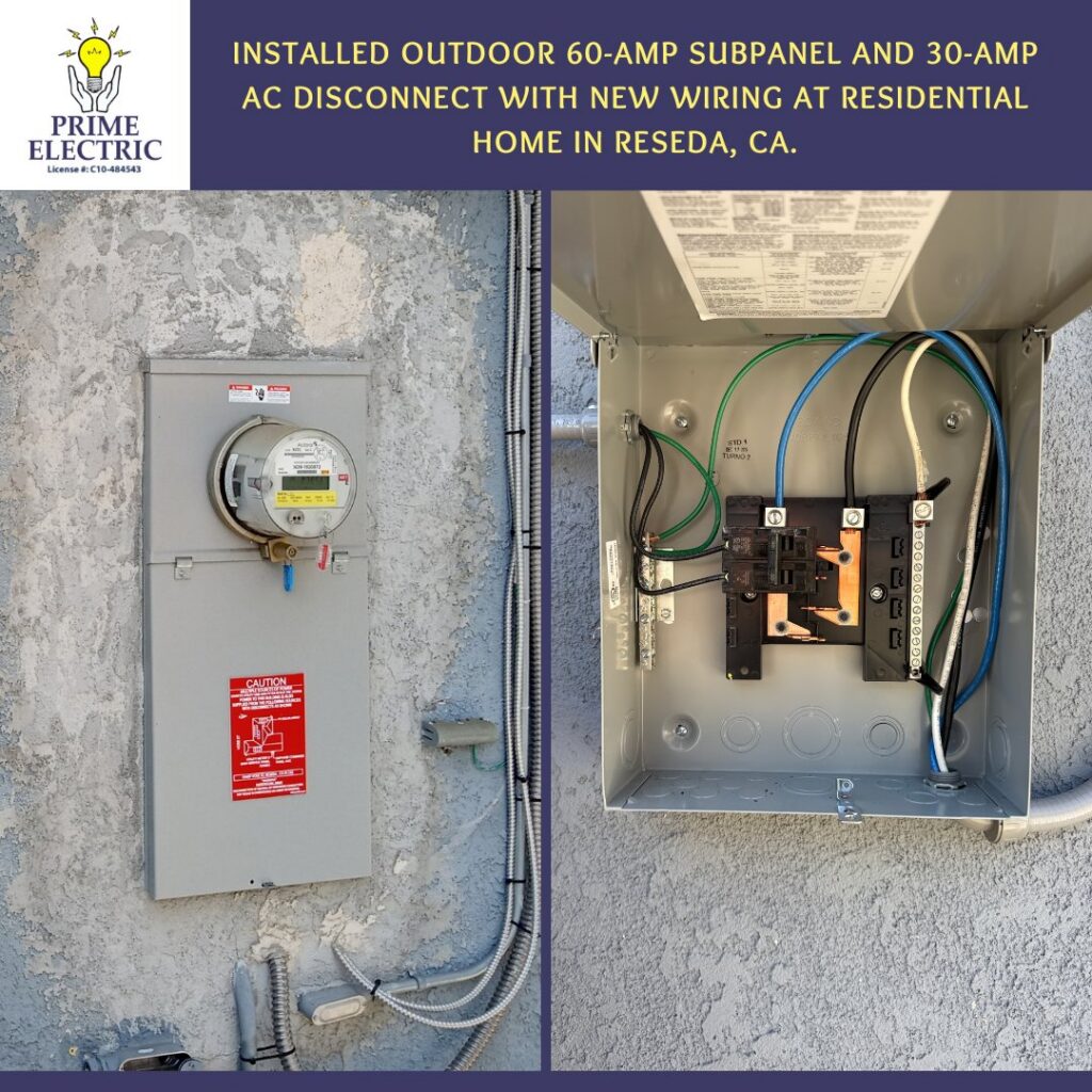 An outdoor 60-amp subpanel and 30-amp AC disconnect with new wiring installed by Prime Electric in Bellevue, WA.