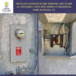 An outdoor 60-amp subpanel and 30-amp AC disconnect with new wiring installed by Prime Electric in Bellevue, WA.