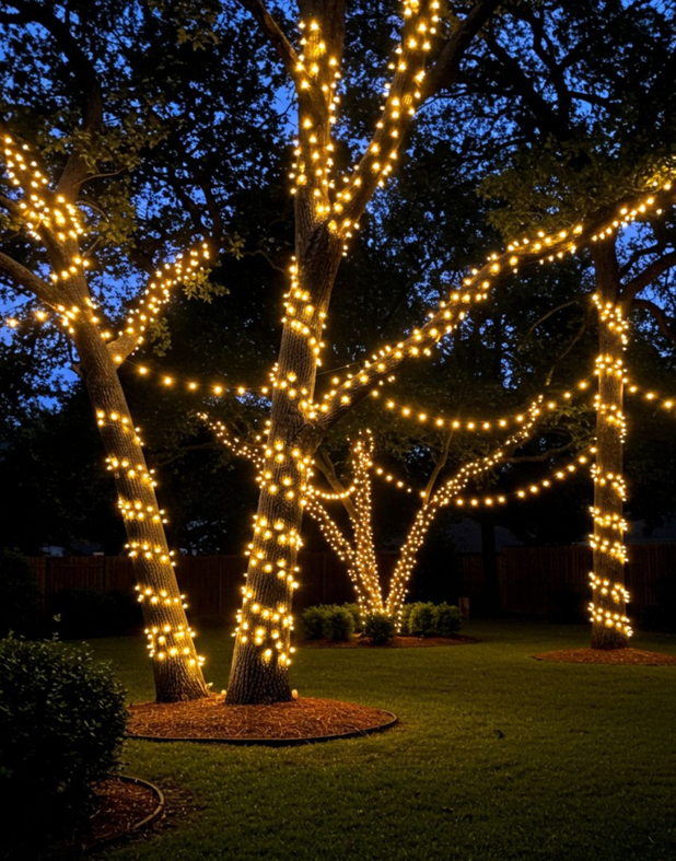 Beautiful outdoor tree lighting installation by Square Electrical LLC in Alexandria, VA, illuminating a garden at night.
