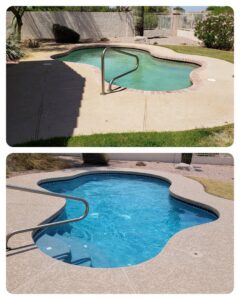 A before and after collage showcasing an oval pool cleaned by East Mesa Pools, LLC in Mesa, AZ.