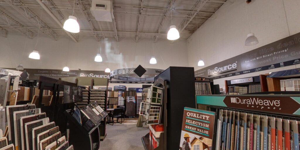 Panoramic view of the Prosource of Savannah showroom, highlighting various carpet displays in Savannah, GA