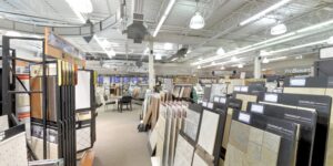 Panoramic view of the Prosource of Erie showroom, featuring extensive carpet and flooring options in Erie, PA.