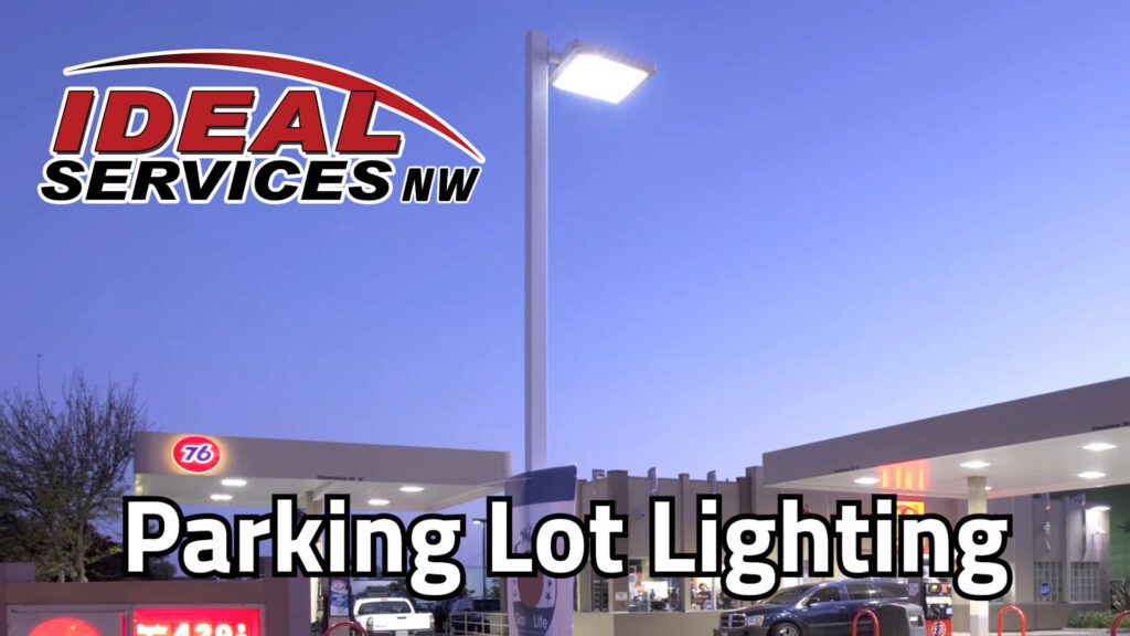A bright parking lot light pole, showcasing parking lot lighting services by Ideal Services NW in Fife, WA.