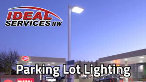 A bright parking lot light pole, showcasing parking lot lighting services by Ideal Services NW in Fife, WA.