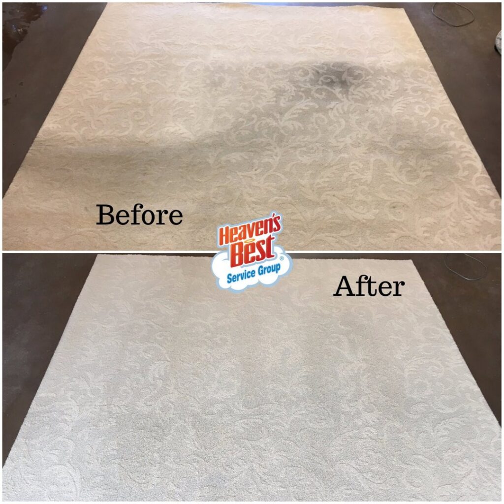 Before and after comparison of a large patterned area rug, showing it thoroughly cleaned by Heaven's Best Carpet Cleaning Hilton Head Island SC.