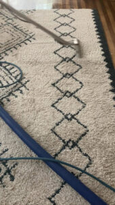 A professional cleaning a patterned area rug with a wand, showing a clean strip, by New Dawn's Carpet Cleaning in Cicero, IL.