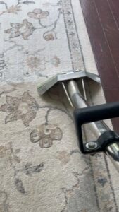 A patterned area rug being cleaned, showing a clear before and after section, by On The Spot Carpet Cleaning in Erie, PA.