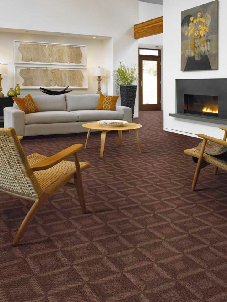 A modern living room showcasing a stylish patterned brown carpet installed by ProSource Flooring Kitchen & Bath of Naperville, IL.