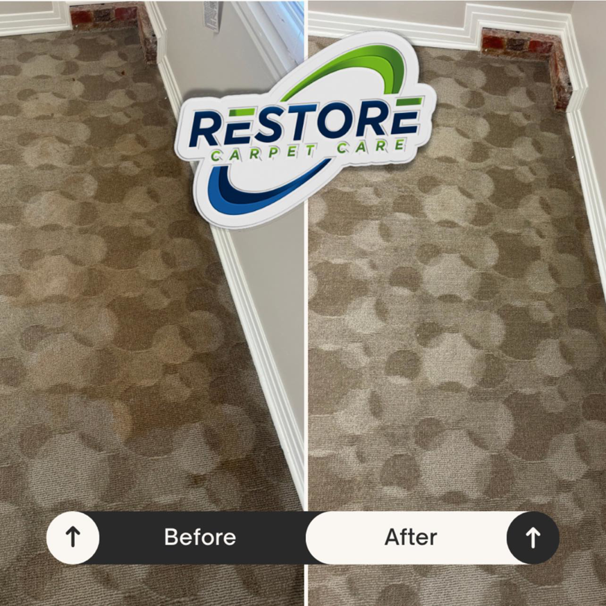 Before and after view of a patterned carpet after professional cleaning by Restore Carpet Care and Tile in Tallahassee, FL