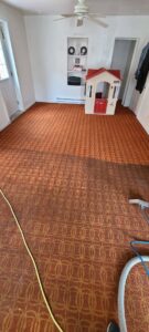 A patterned carpet showing a clear division between cleaned and uncleaned sections, highlighting the effectiveness of Steam Choice Carpet Care Inc in Chicago, IL.