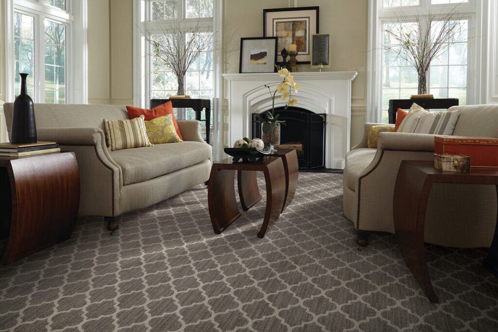 A beautifully installed patterned carpet in a living room by Don's Floor Gallery in Edmond, OK.