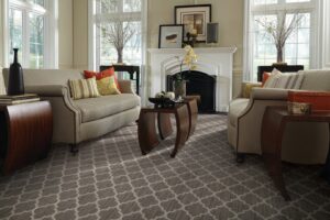 A beautifully installed patterned carpet in a living room by Don's Floor Gallery in Edmond, OK.