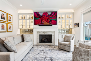 A modern living room featuring a stylish patterned carpet installed by Adda Carpet and Flooring in New Orleans, LA.